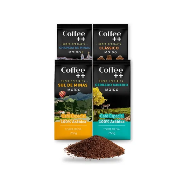 Kit 4 Café Especial Moído Coffee Mais Chapada de Minas, Clássico, Sul de Minas e Cerrado Mineiro 100% Arábica - 4x250g