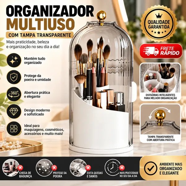 Organizador de Maquiagem Giratório 360° com Tampa Acrílica Porta Pincéis, Batons e Cosméticos