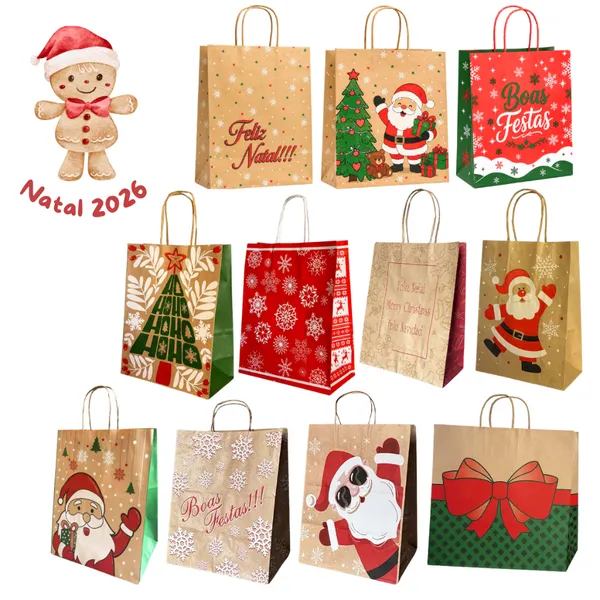 Kit 10 Sacola De Papel Kraft Natal Festa Natalina Presente Vários Tamanhos Novas 2026