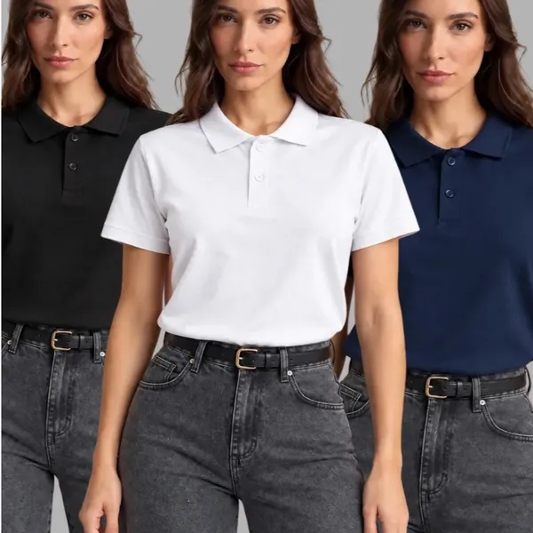 Kit 3 Camisas Polo Feminina Algodão Blusa Gola Polo Baby Look Confortável Trabalho Uniforme