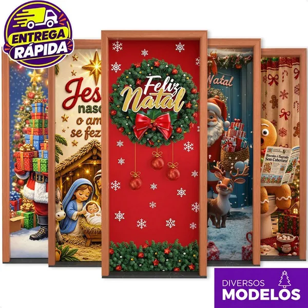 Capa de Porta Natal Decoração de Natal 0,85x2,10m Sublimado em Tecido Enfeite para Porta Natalina