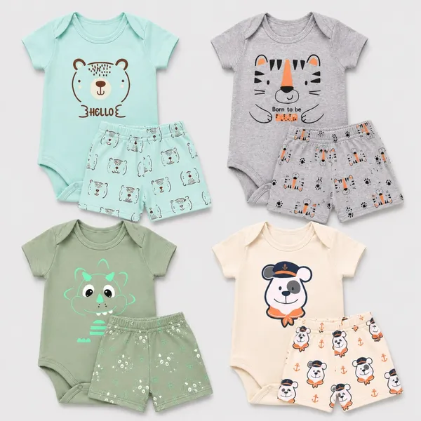 Kit 4 Peças Body Bebê Menino Fofo + Short Tapa Fralda Estampas Sortidas RN ao GG Enxoval, maternidade