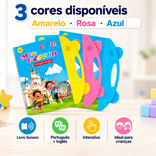 Livro Sonoro Infantil Bilíngue Português Inglês Interativo 2 em 1 com Lousa Apagável 3+ Anos
