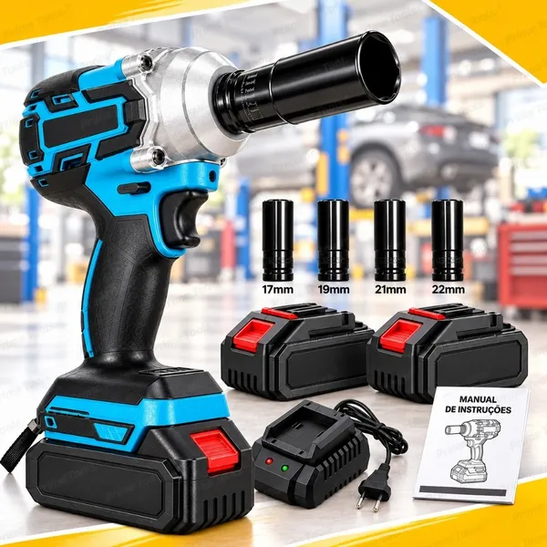 Chave de Impacto Elétrica Sem Fio a Bateria de Lítio Kit 2 Baterias 4 Soquetes Carregador Rápido para Rodas e Porcas