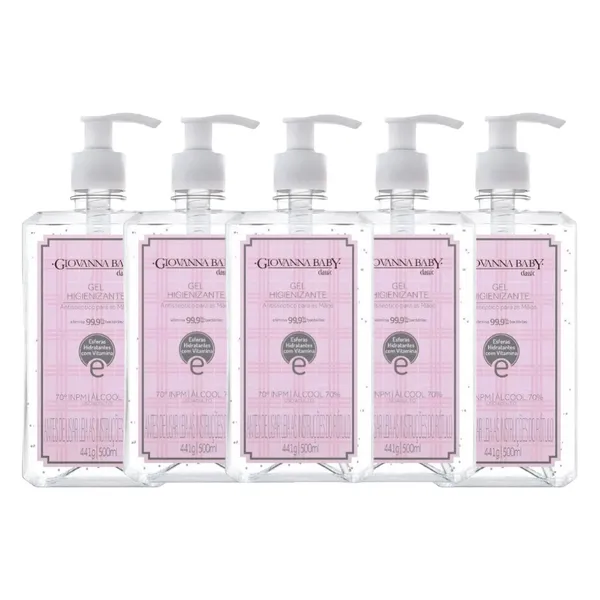 Kit Álcool Em Gel Higienizante Giovanna Baby Classic Rosa 500ml (5 unidades)