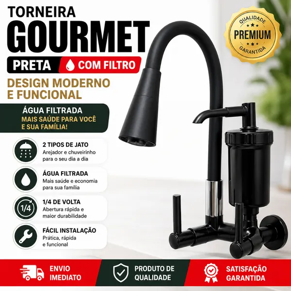 Torneira Gourmet Preta Com Filtro Parede 2 Jatos Flexível 1/4 Volta Cozinha ABS