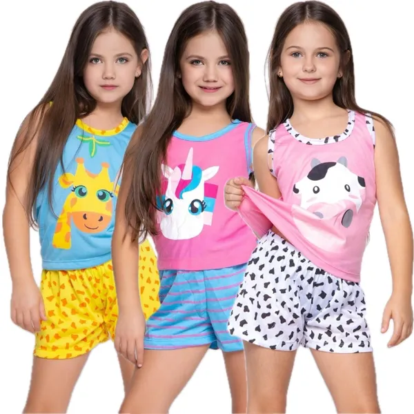 Pijama Infantil Estampa Sortida Kids Menina Menino Criança Regata Estampado Verão Manga Curta Calor Roupa Dormir
