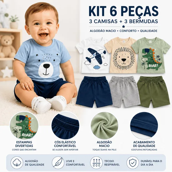 Kit 6 Peças Menino Conjunto  Bebê Infantil Estampas Divertidas Inverno 3 Camisas 3 Bermudas Algodão