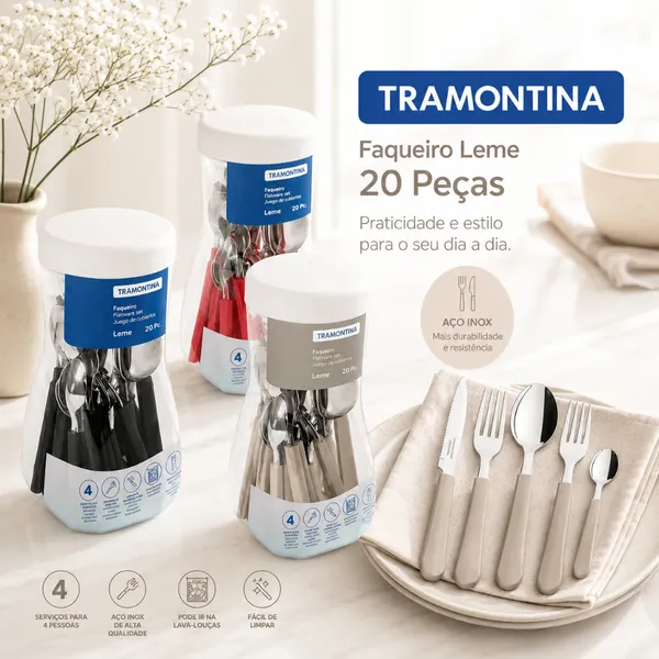Faqueiro Tramontina Original Leme 20 peças com Lâminas em Aço Inox e Cabos de Polipropileno Vermelho Preto Cinza