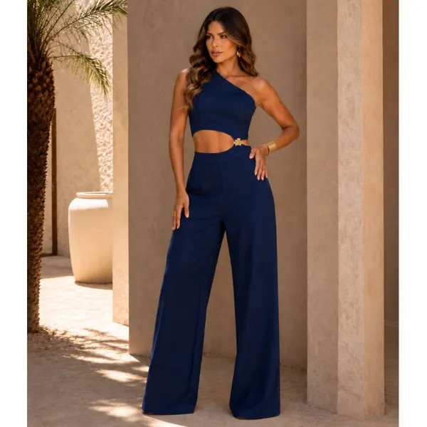 Macacão Feminino Moderno Elegante Alfaiataria Pantalona Ombro Só com Recorte Amarração nas Costas