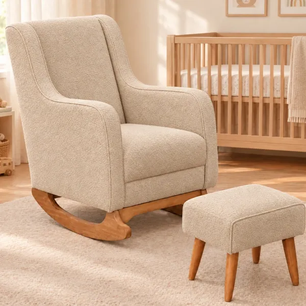 Poltrona de Amamentação decorativa em Bouclé com Puff para Quarto de Bebê