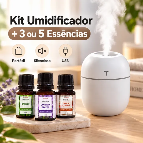Kit Umidificador Atomizador De Ar Doméstico Portátil Umidificador De Escritório + 3 Essências
