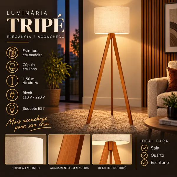 Abajur De Chão Tripé 1,50cm Completo Com Cúpula E Fiação Luminária De Piso