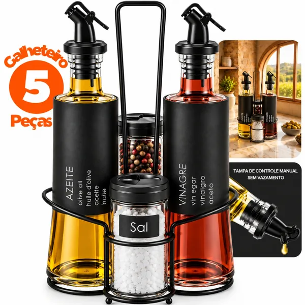 Kit Galheteiro 5 Peças Vidro GRANDE 300ml Azeite e Vinagre + 2 Porta Condimentos 85ml Suporte Dosador Antivazamento