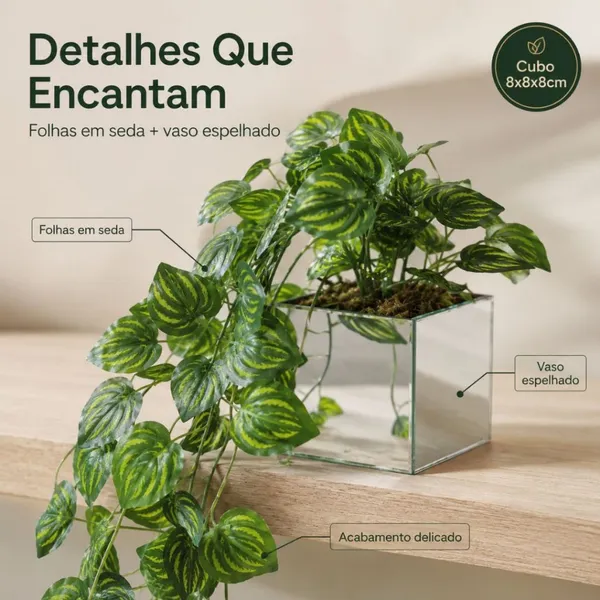 Planta Artificial Jibóia Pendente Caída com Vaso Espelhado