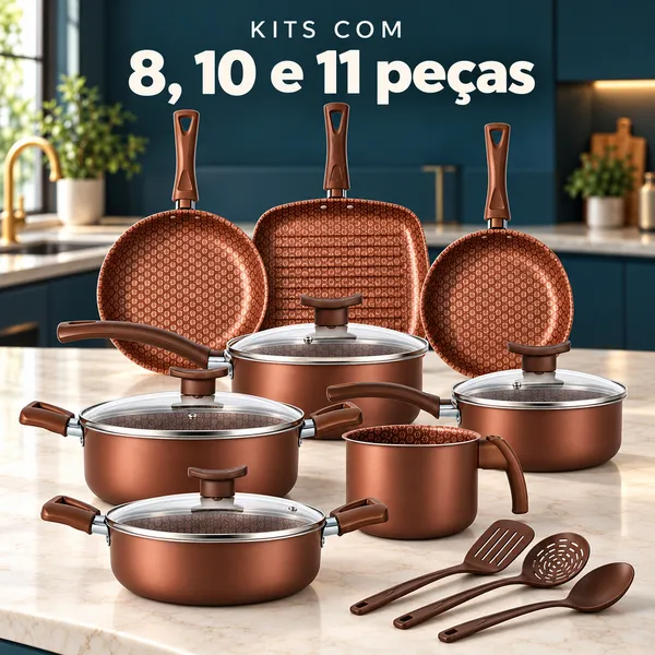 Jogo de Panelas Antiaderente, Kit com 8, 10 ou 11 Peças - Com Tampas de Vidro e Utensílios