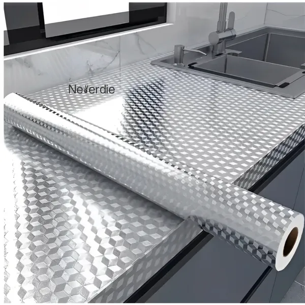 Papel de parede 3D alumínio adesivo impermeável anti óleo para armário Cozinha e protetor de fogão Brilhante