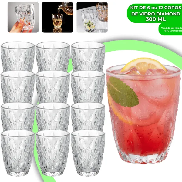 Jogo Copos Diamond 300ml Vidro Grosso Diamante Luxo Resistente Transparente Elegante Moderno 12 ou 6
