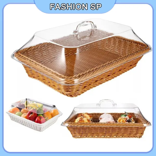 Cesta de Pão de Vime Acrílico com Tampa – Feita à Mão para Pães, Frutas e Alimentos