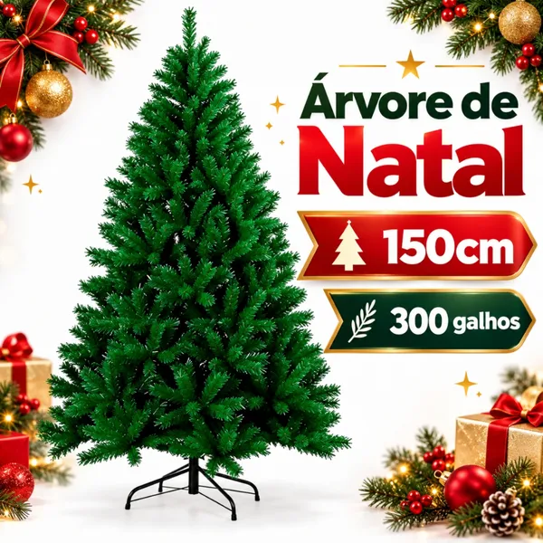 Árvore Natalina 150cm 300 Galhos Verde Artificial Desmontável com Base