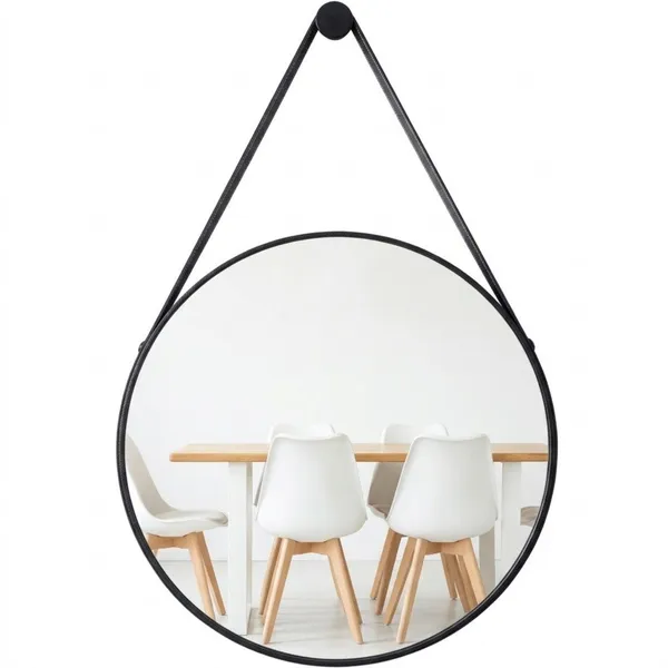 Espelho Redondo 60cm com Alça de Couro e Suporte de Fixação para Banheiro, Sala, Quarto ou Lavabo