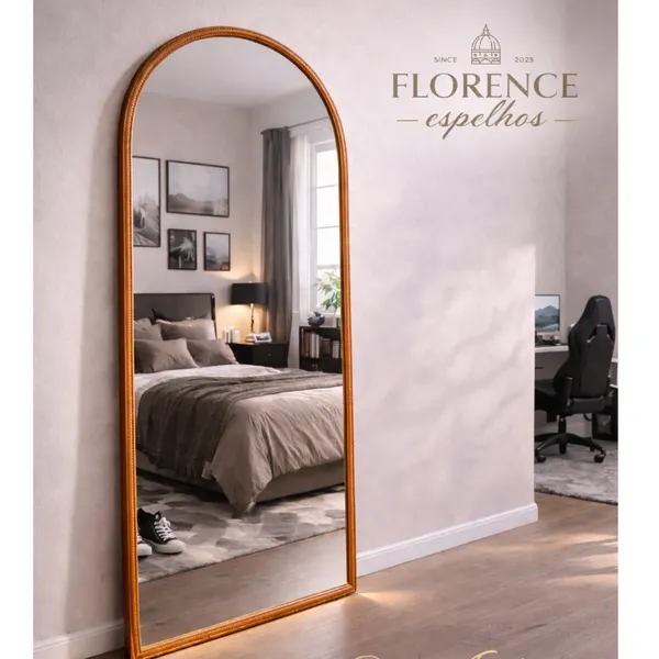Espelho Verona Oval Base Reta Corpo Inteiro com Moldura em Couro Premium 120x50 para Sala e Quarto