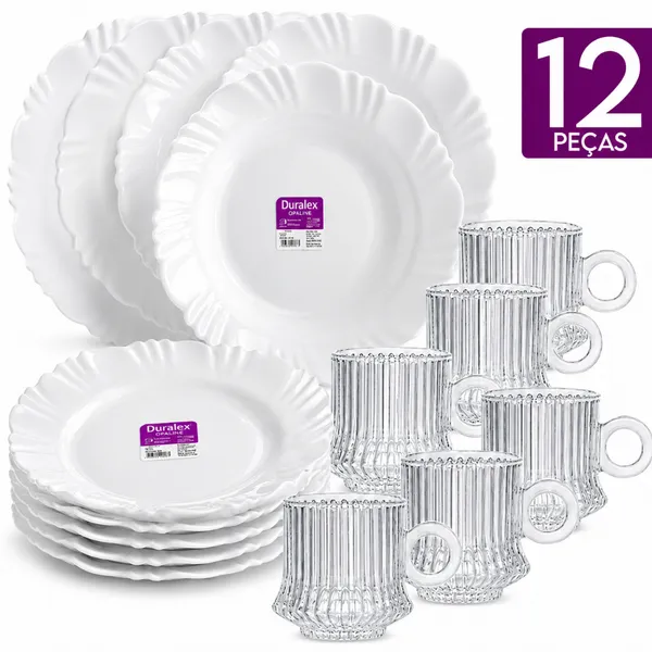 Kit 12 Peças Duralex Opaline 6 Pratos Petala Fundo Vidro Branco e 6 Xícaras Robust Canelada Buffet
