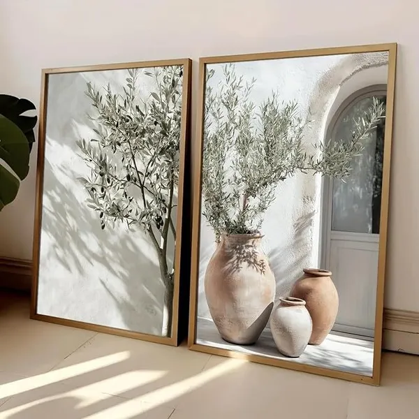 Kit 2 Quadros Decorativos com Moldura Decoração Parede Moderna para Sala e Quarto Oliveira e Vasos Mediterrâneos
