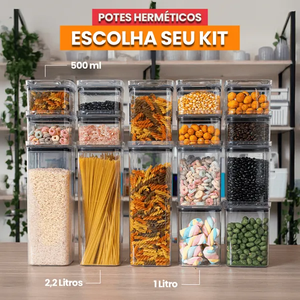 Kit Potes Herméticos Porta Mantimentos Acrílico Empilháveis Quadrado Resistente para Cozinha e Despensa
