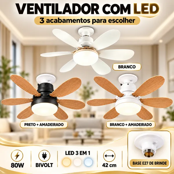 Ventilador Teto Com Luz 60W 80W Integrada Silencioso Branco 6 Pás Com Controle Remoto Com Base E27