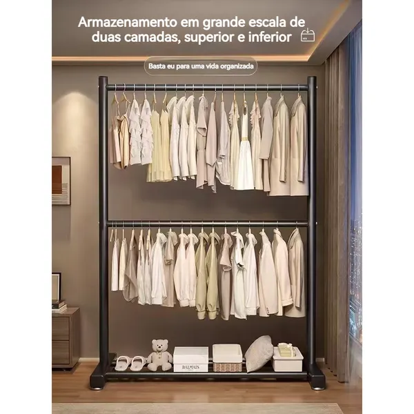 Cabideiro De Chão Arara Com Sapateira  Em Aço Desmontável Organizador De  Roupas