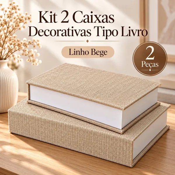 Kit 2 Livros Caixa Decorativos em Linho Bege – Organizadores Porta-Objetos para Sala e Escritório