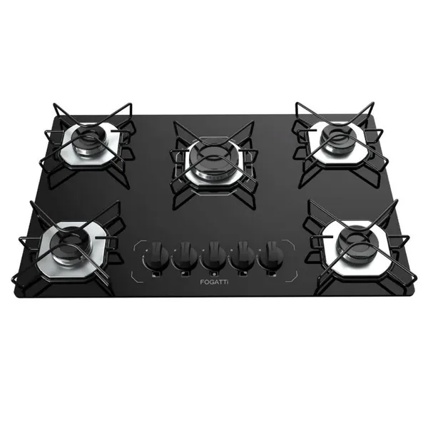 Fogão Cooktop Fogatti à Gás FGT 5 Bocas Vidro Preto Flange Inox Bivolt - Acendimento Automático