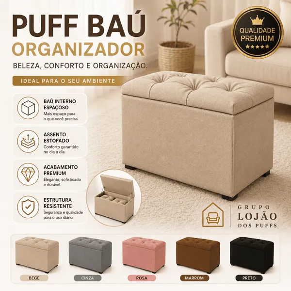 Puff Baú Tecido Veludo Suede Organizador Porta Objetos Decorativo