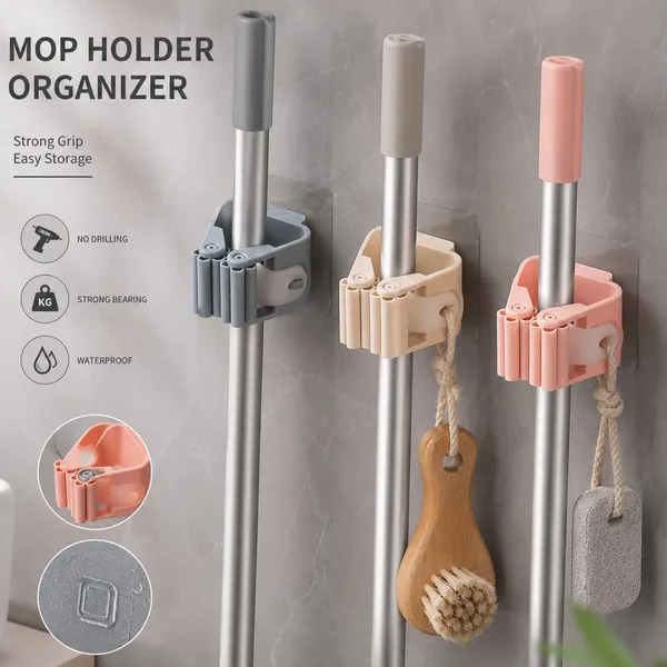 Kit 5 Suporte Organizador de Vassoura Rodo Mop Utensílios de Parede Gancho Multiuso Adesivo Cozinha