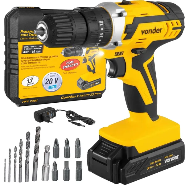 Parafusadeira Furadeira de Impacto Vonder 20V Sem Fio com Maleta, Brocas e Bits PFV238I