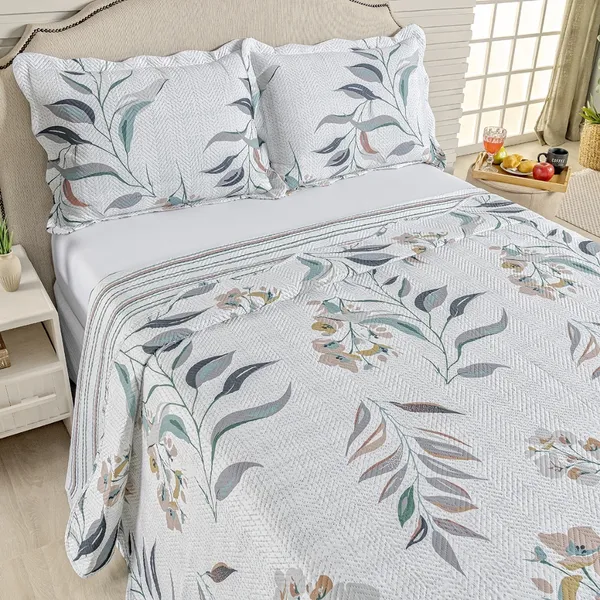 Kit Cobre Leito Colcha Casal Bouti 3 Peças Dupla Face Estampada Porta Travesseiro Aba Americana