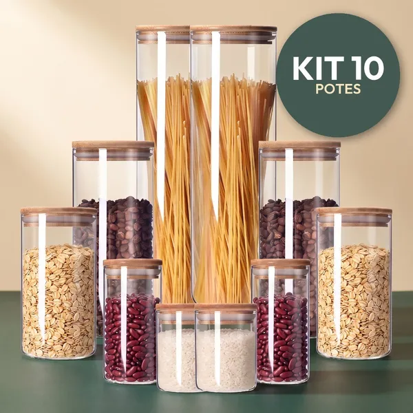 Kit Potes de Vidro Herméticos Tampa Bambu para Mantimentos Grãos Café Resistente Zelvi - Jogos 5, 9 ou 11 Potes