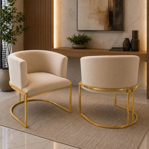 Kit 2 Poltronas De Base Cadeira Ferro Dourada Estrutura Meia Lua Tecido Veludo Para Salão Consultório Luxousa Luxo