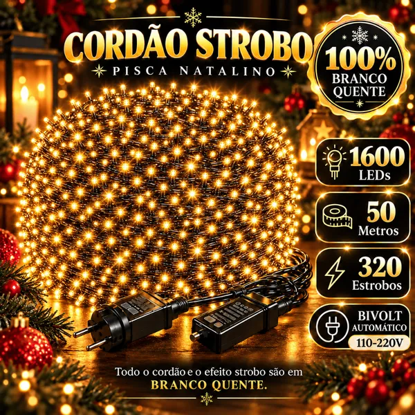 Cordão Strobo Natal 50 Metros Bivolt 1600 Leds Pisca Pisca Prova D'Água Luz Led Branco Quente 320 Flash