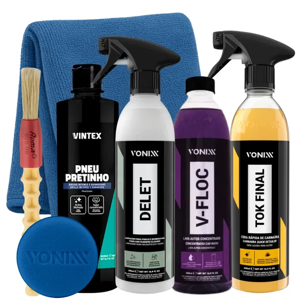 Kit Cera Tok Final 500ml, Shampoo V-FLOC, Limpador de Borrachas Delet Vonixx, Pneu Pretinho Vintex