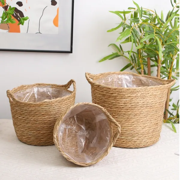 Cesto Cachepot de Palha Natural Com Forro De Plástico Para Vaso