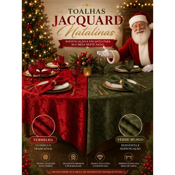 Toalha De Mesa Jacquard Natalina Luxo e Elegante Premium 4, 6 e 8 Lugares Natal Promoção