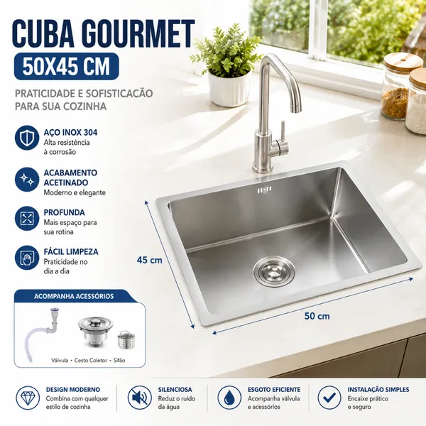 Cuba Pia Gourmet Inox Quadrada Cozinha Luxo 50x45 Kit Completo
