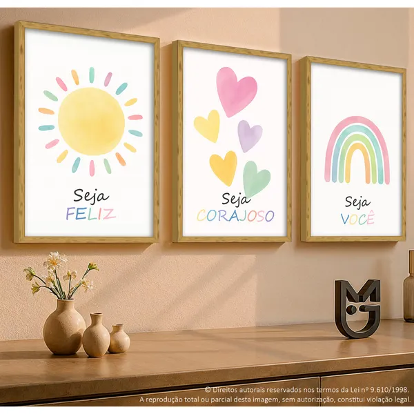 Quadro Decorativo Infantil 3 Peças Arco Iris Frases Delicada Decoração Quarto Menina Bebê
