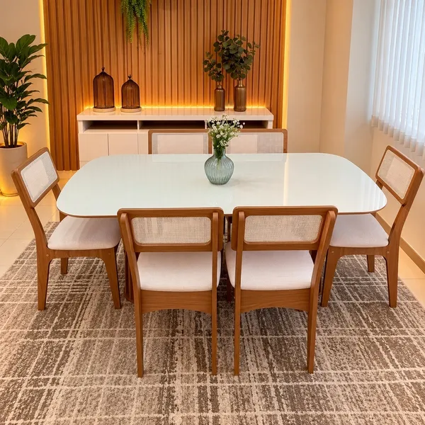 Conjunto Kit Mesa de Jantar Oval 6 Cadeiras Tela no Encosto 100% MDF Branco Bege