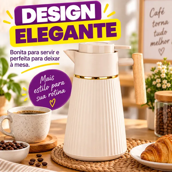 Garrafa Térmica Café 1L com Aro Dourado Alça Madeira 3 Cores