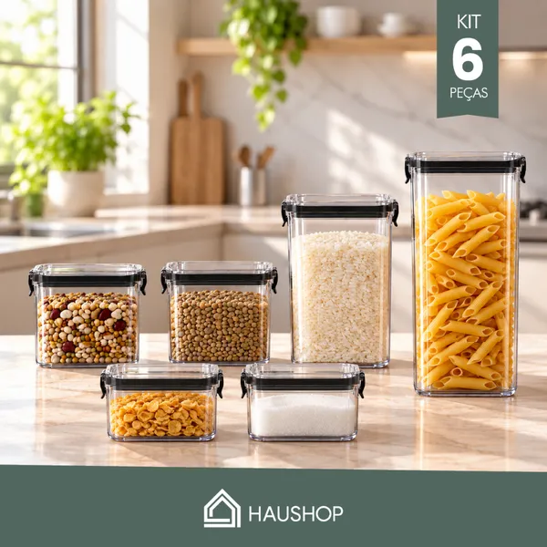 Potes Herméticos Kit 6 Unidades Plásticos Haushop BPA Free Para Alimentos Porta Mantimentos Organizador Cozinha