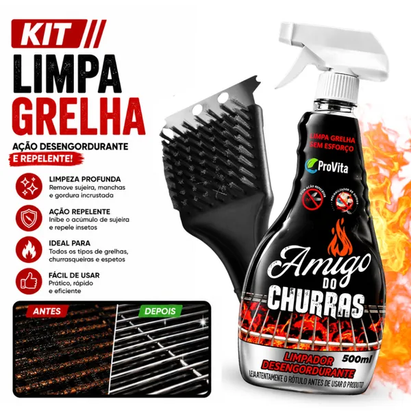 Kit Limpa Grelha Spray 500ml Desengordurante + Escova Limpa Grelha para Churrasqueira, Fogão, Grill e Forno