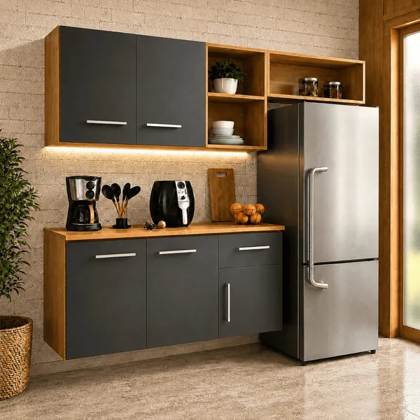 Armário de Cozinha Compacta Kit Aéreo e Balcão Nicho Reversível Gabinete Cozinha - Blue Moby